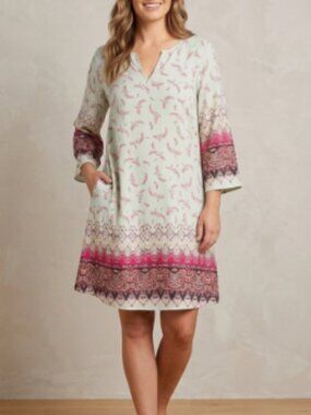Mint Green Pink Paisley Border Print Shift Dress Boho Bell Sleeve Made in USA L